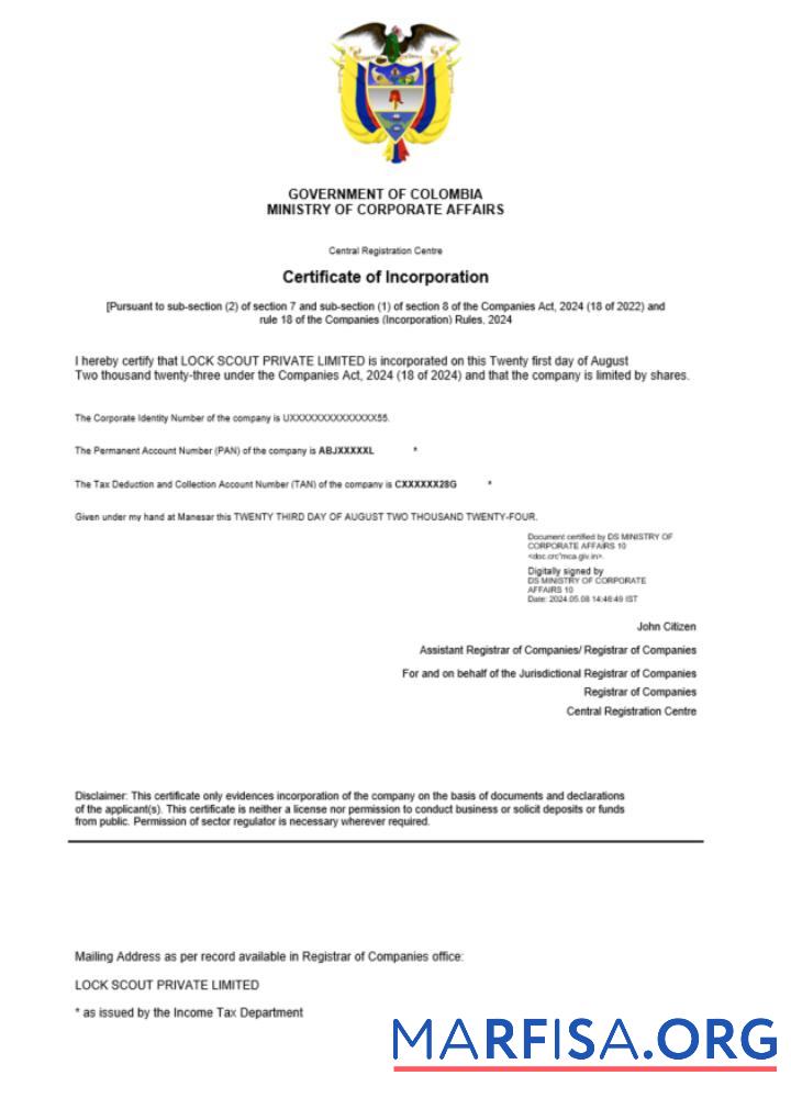 Realistic Colombia certificate of registration Word and PDF template